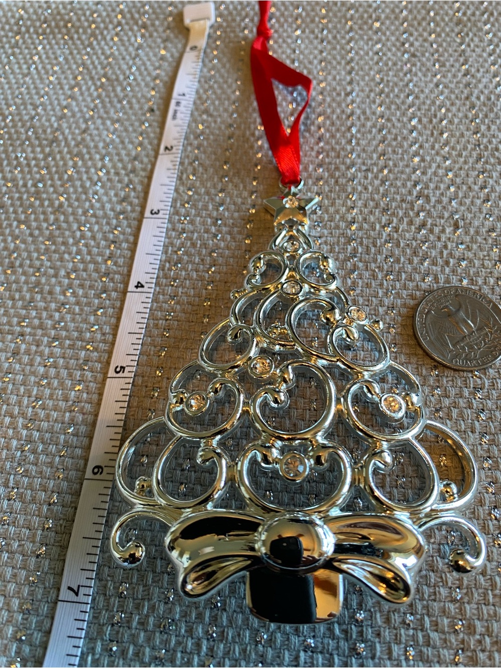 Lenox Silver Tone Tree Ornament with Red Ribbon Accent